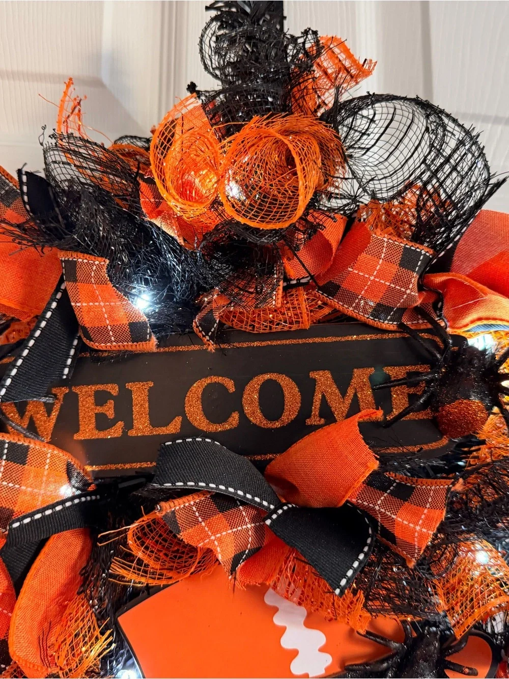 Handcrafted Lighted Halloween Skeleton Witch Door Swag Wreath 18x24 orange black